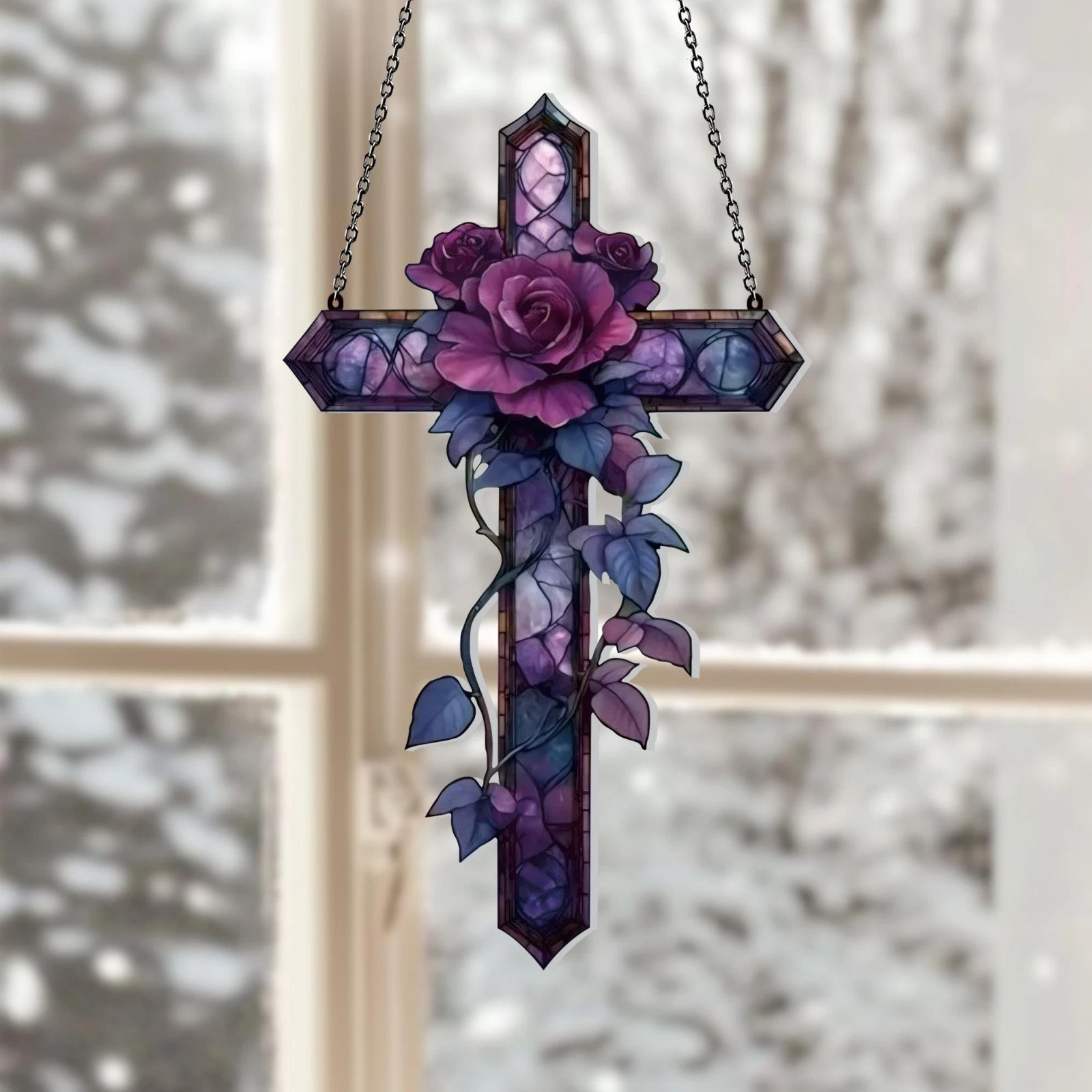 Christian Cross Acrylic Suncatcher Purple Rose Floral Colorful Window ...