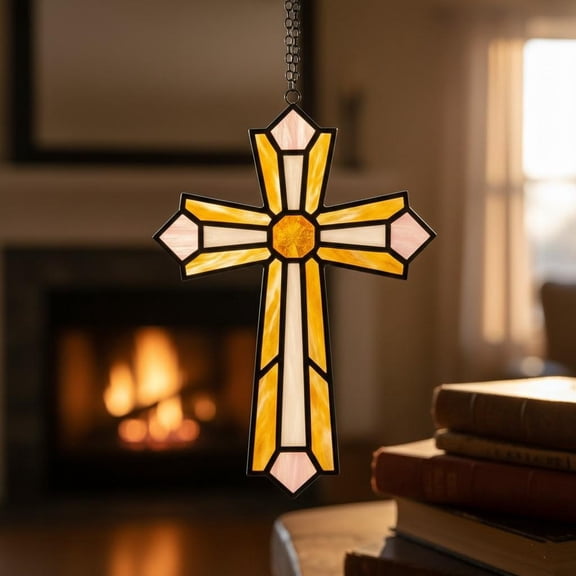 Christian Cross Acrylic Suncatcher Religious Cathedral Style Yellow White Window Hanging Sacred Faith Art Gift