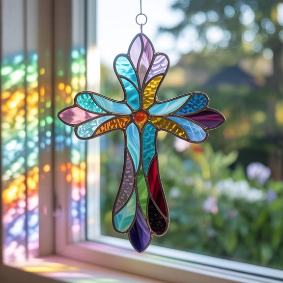 Christian Cross Acrylic Suncatcher Window Hanging, Single-Sided UV Printed Faux Stained Glass, Cross Suncatcher Religious Thanksgiving Christmas Decor