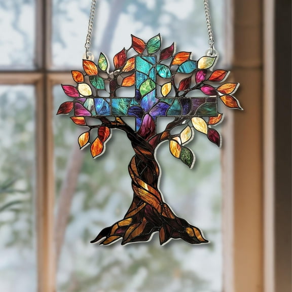 Christian Cross Acrylic Window Hanging Wildflower Cross Flat 2D Suncatcher, Religious Faith Decor, Inspirational Christmas Gift Ornament