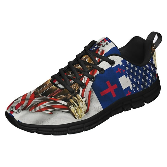 Christian Cross American Flag Running Shoes Sneakers Mesh Black Size 3.5