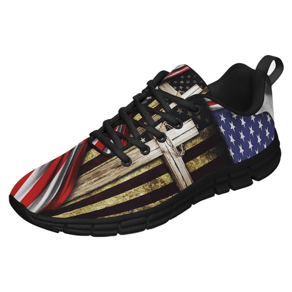 Christian Cross American Flag Running Shoes Sneakers Mesh Black Size 8.5