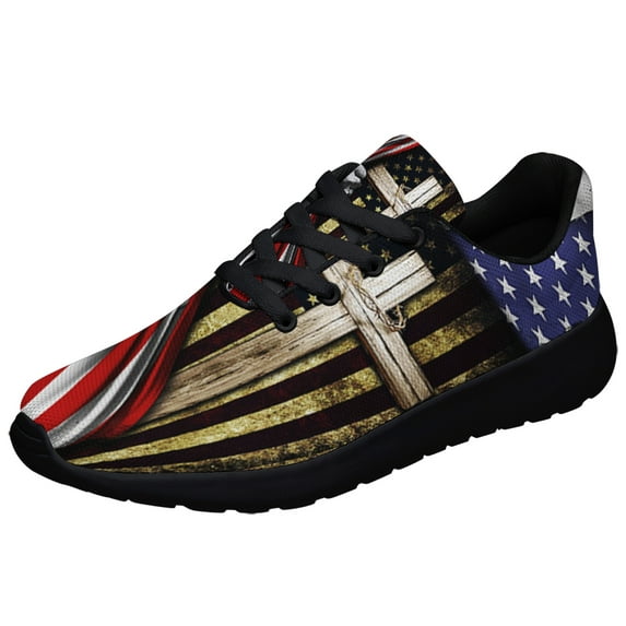 Christian Cross American flag Shoes Sneakers for Women Men Black Size 10.5