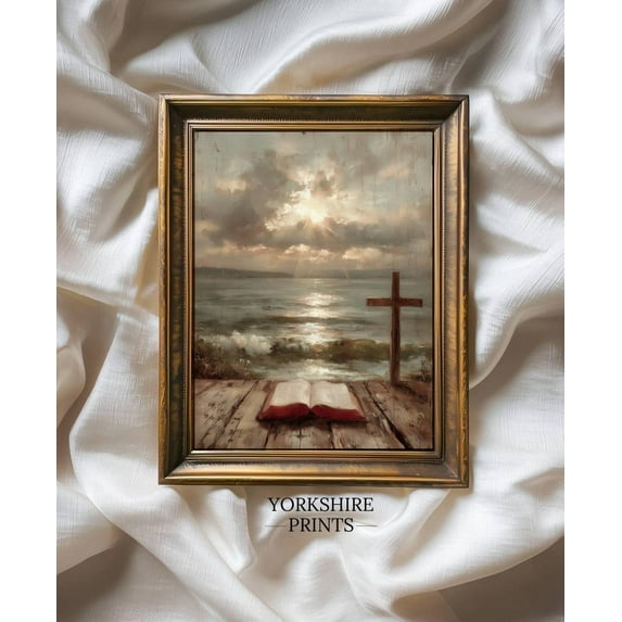 Christian Cross And Bible Print, Vintage Ocean Sunrise, Inspirational Faith Wall Art Home Decor #3645, 12x18 UNFRAMED
