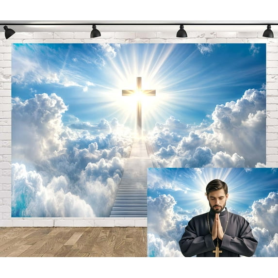 Christian Cross Backdrop Holy Lights Blue Sky Clouds Stairway Heaven Photography Background Backdrop Paradise Lord Pray Jesus Church Events Easter Banner Decoration Supplies Photo Booth Props,7X5ft