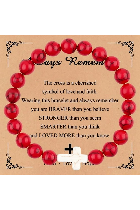 Christian Cross Beaded Bracelet - 3 Color Stretch Cord with Natural Stone Beads | Baptism & Communion Jewelry for Women, Men & Teens