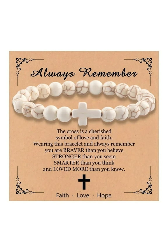 Christian Cross Beaded Bracelet - 3 Color Stretch Cord with Natural Stone Beads | Baptism & Communion Jewelry for Women, Men & Teens