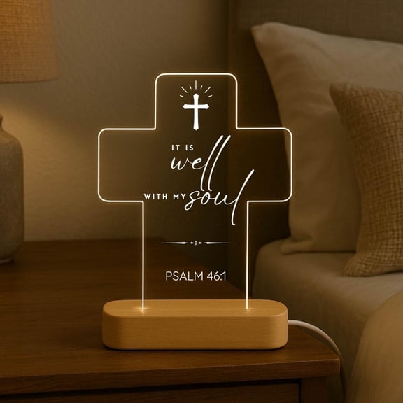Christian Cross Bible Verse Night Light Psalm 46:1 Acrylic Faith Lamp Religious Home Decor Spiritual Gift For Believers