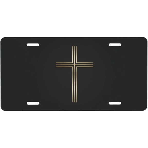 Christian Cross Black Aluminum Front License Plate 6x12 Inch | Religious Faith Metal Emblem Car Tag With 4 Holes For Auto Vehicle Owner