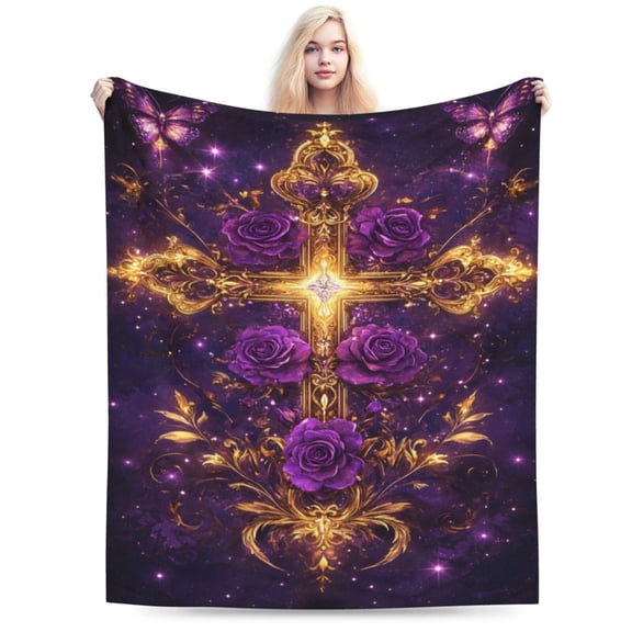 Christian Cross Blanket Christ Cross Purple Rose Butterfly Decor Religion Throw Blanket Gifts for Girls Boys Warm Soft Plush Fleece Flannel Bedding Blankets for Adults 50x40