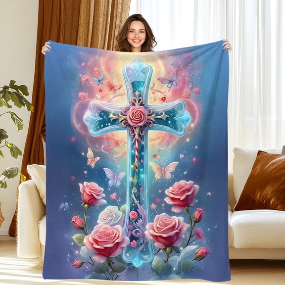 Christian Cross Blanket Jesus Faith Decor Throw Blanket Religious Gift, Soft Flannel Blanket,50"x60"