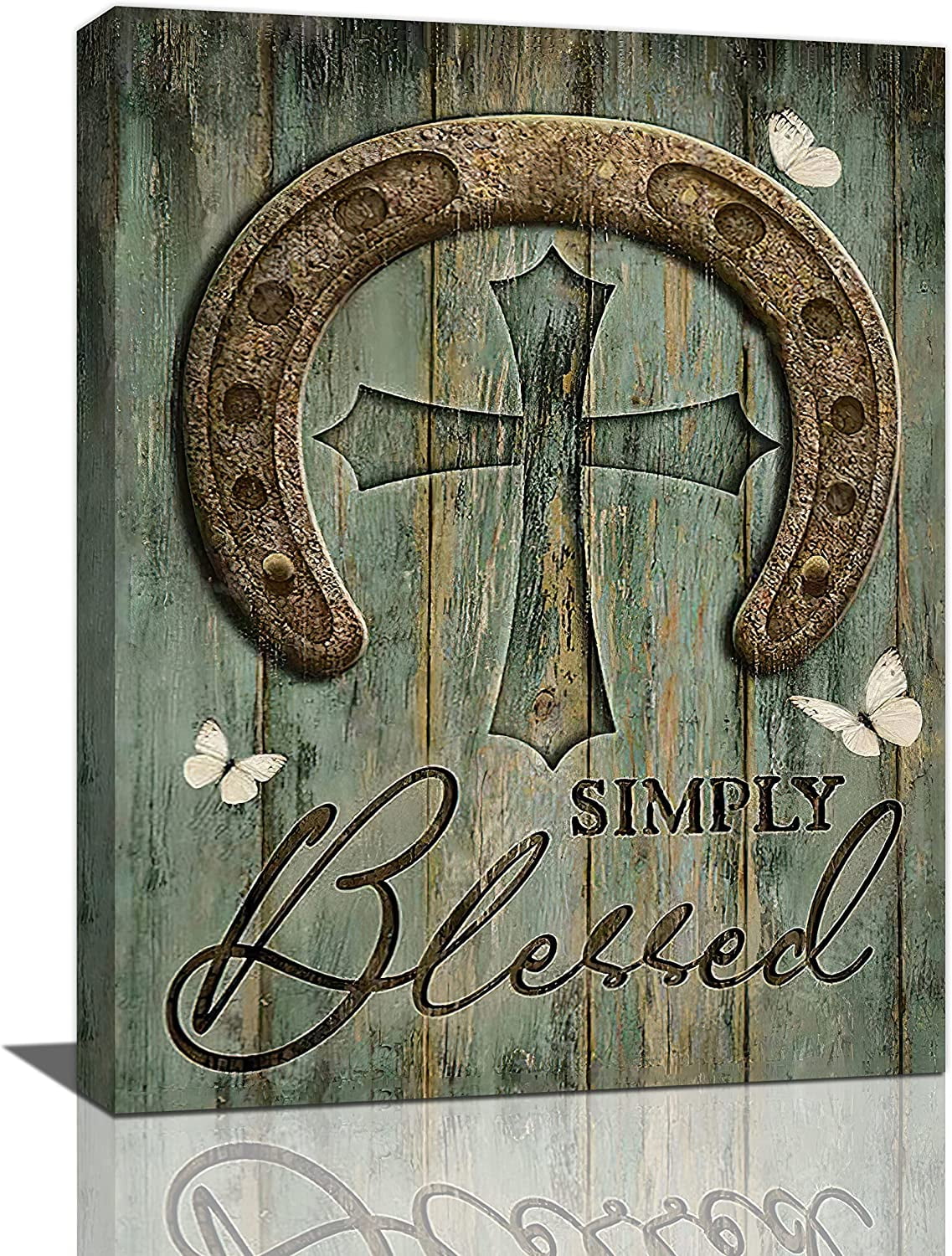 Christian Cross Canvas Wall Art Rustic Vintage Horseshoe Teal Pictures Wall Decor Farmhouse Cyan