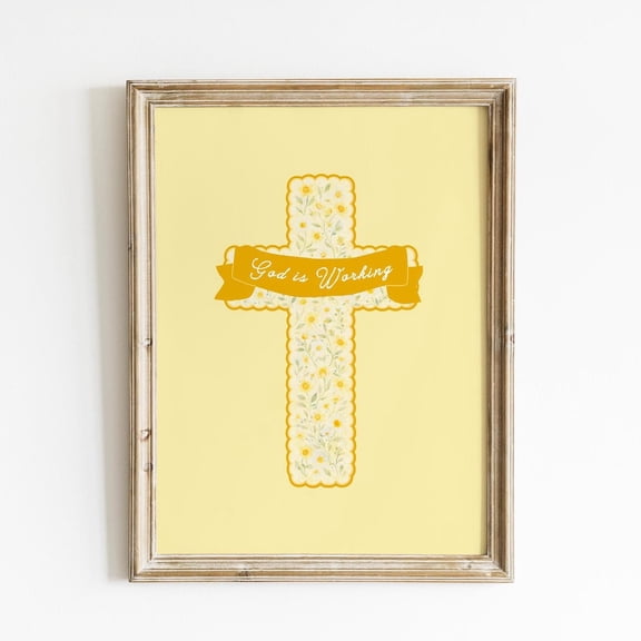 Christian Cross Cheerful Farmhouse Yellow Wall Art Unframed Paper Poster 8x10in