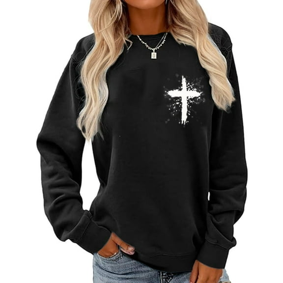 Christian Sweatshirt Women Jesus Cross Graphic Crew Neck Pullover Black Top