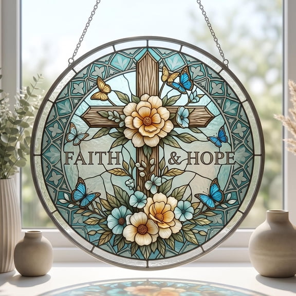 Christian Cross Faux Stained Glass Acrylic Suncatcher, Window Hanging Decor, Christian Faith Gift