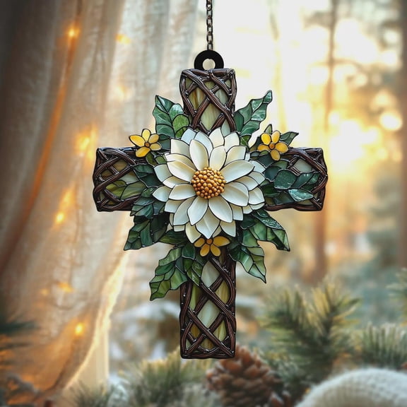Christian Cross Faux Stained Glass Suncatcher, Acrylic Floral Ornament 2025, Faith Window Hanging