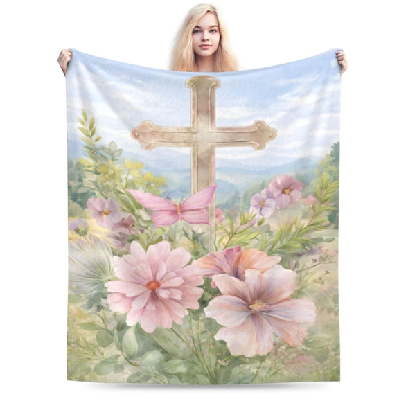 Christian Cross Floral Blanket, Faith Inspired Throw, Spring Garden Religious Fleece Blanket for Easter Home Decor and Inspirational Gift 50x40