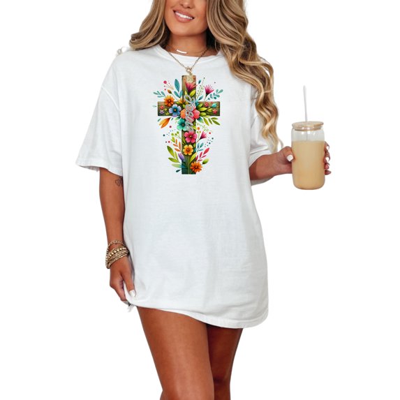 Christian Cross with Flowers Shirt, Faith Inspired Tee, Religious Graphic T-Shirt, Jesus Design, Inspirational Floral Top, White Comfort Colors T-Shirt, Small