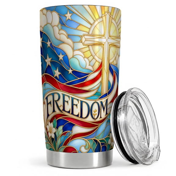 Christian Cross Freedom 20oz Tumbler, Patriotic Faith Tumbler for Coffee or Iced Drinks, Red White Blue Flag Artwork, Sun Star Cloud Design, Religious USA Home Cup for Men Women