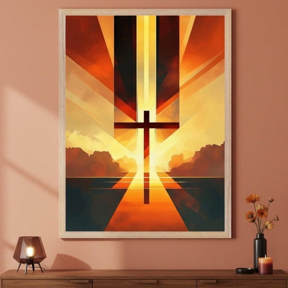Christian Cross Geometric Sunset Wall Art Modern Abstract Religious Decor Minimalist Faith Spiritual Jesus Cross Stretched Canvas 16x20in