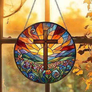 Christian Cross Gift, Stained Glass Suncatcher, Religious Easter Decor, Sunrise Landscape Art, Mom Grandma Gift, Window Ornament, 3.5 in