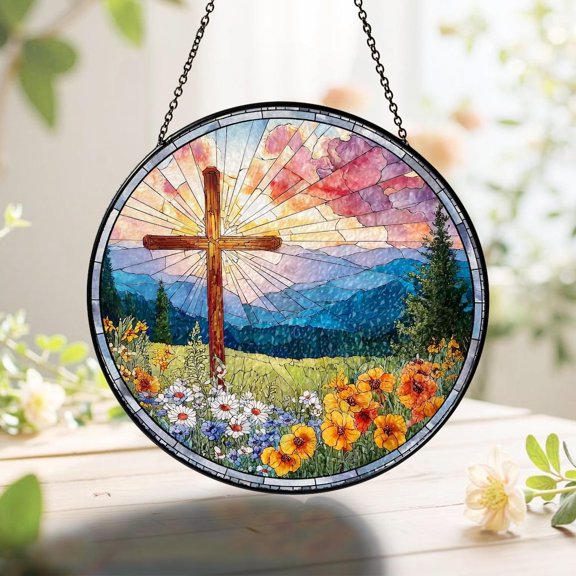 Christian Cross Glass Suncatcher, Cross and Wild Flower Religious Window Hanging Decor, 3.5 in