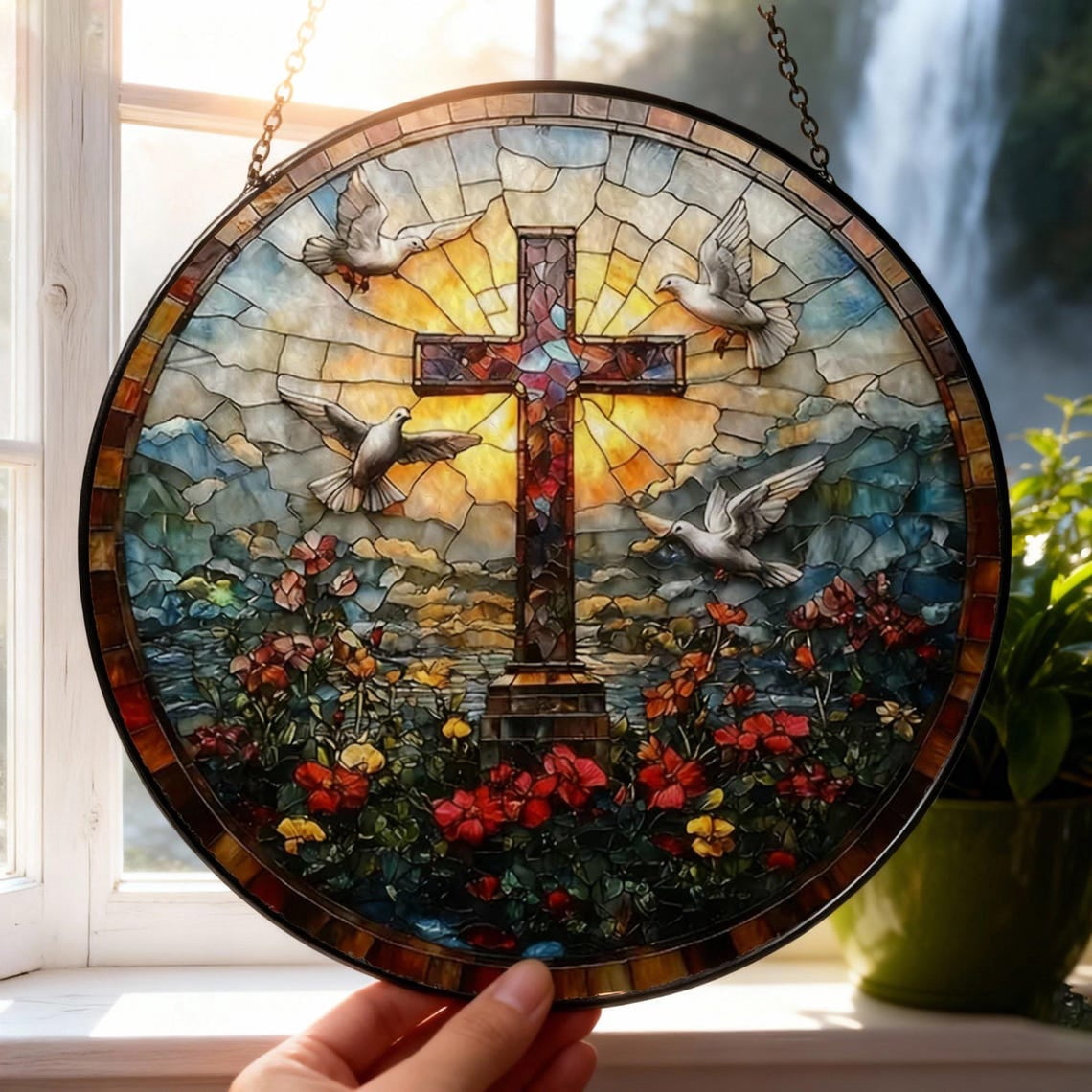 Christian Cross Glass Suncatcher, Dove of Peace & Floral Faith Decor, 7 ...