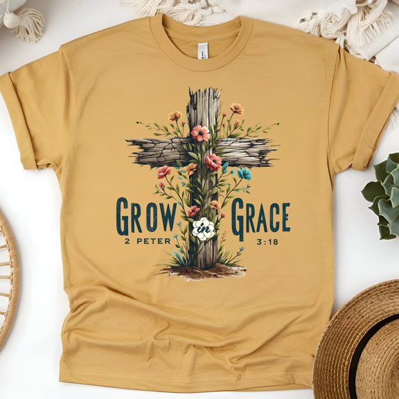 Christian Cross Graphic T-Shirt Grow in Grace Bible Verse, Gold, Size L