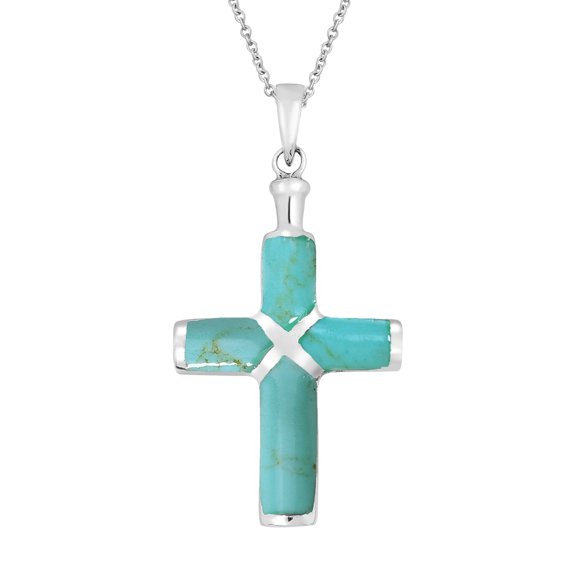 Christian Cross Green Turquoise Inlay .925 Silver Necklace