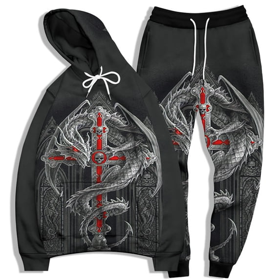Christian Cross Hoodie and Pants Set Sweatshirt Pullovers 3D Print Tracksuit Crucifix of Jesus Crucifixion Graphic Sweatshirt Catholic Cross Jogger Pants