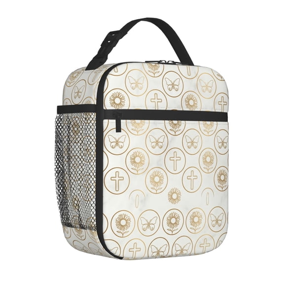 Christian Cross Insulated Lunch Box Portable Handheld Reusable Cooler Handbag Front Pocket Work Office Daily Travel Food Bag