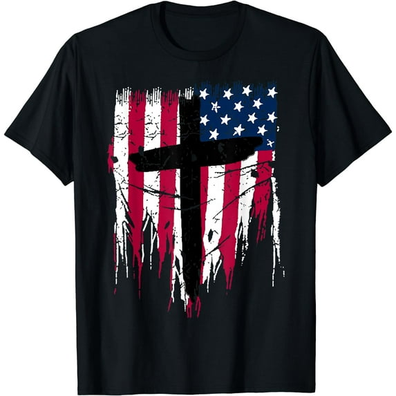 Christian Cross Jesus American USA Flag T-Shirt Black 4X-Large