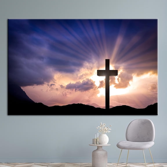 Christian Cross Jesus Christ Cross Printed, Resurrection Cross Art Canvas, Christian Printed, Landscape Poster, Canvas Wall Decor - Gold Framed