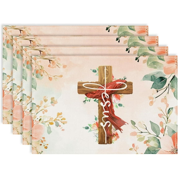 Christian Cross Jesus Flowers Floral Placemats Set of 4, 12x18 Spring Watercolor Rustic Table Mat Decor, Seasonal Summer Table Decors for Holiday Dining Kitchen Holiday Party. (083)