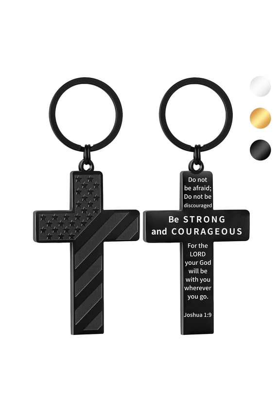 Christian Cross Keychain for Men & Women - Inspirational Joshua 1:9 Bible Verse Keyring - Stainless Steel Religious Gift with American Flag Pattern