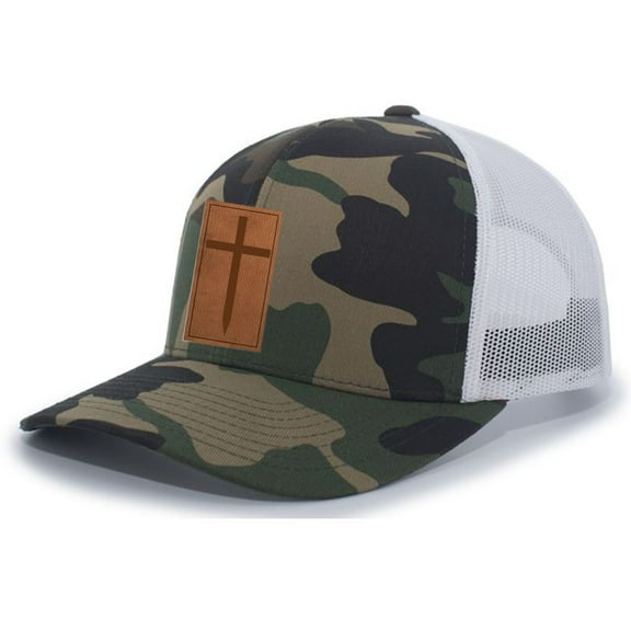 Christian Cross Leather Patch Mesh Back Trucker Hat Christian Mens Baseball Cap, Army/White