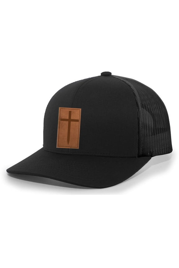 Christian Cross Leather Patch Mesh Back Trucker Hat Christian Mens Baseball Cap, Black/Black