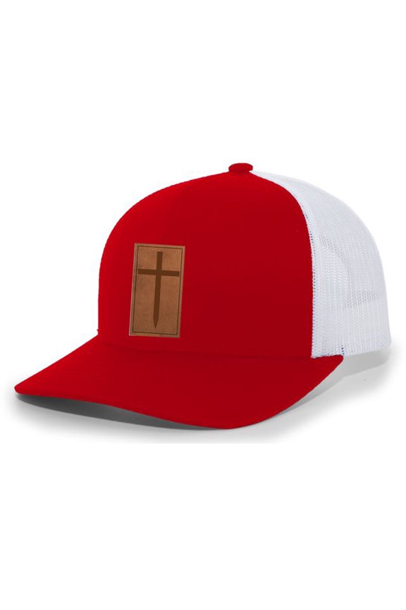 Christian Cross Leather Patch Mesh Back Trucker Hat Christian Mens Baseball Cap, Red/White
