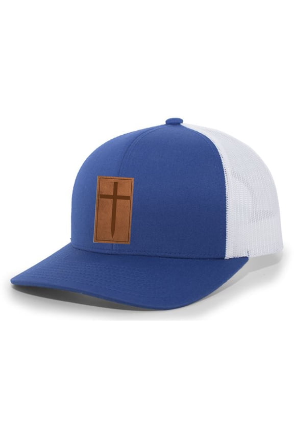 Christian Cross Leather Patch Mesh Back Trucker Hat Christian Mens Baseball Cap, Royal/White