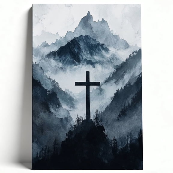 Christian Cross In Misty Mountain Watercolor Framed Canvas Wall Art - Spiritual Faith Decor For Church Home, Serene Religious Landscape Art 12*18inch(30*45cm)
