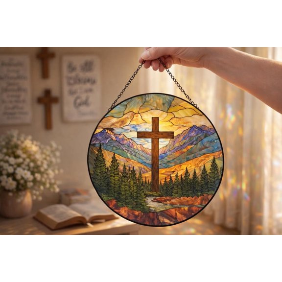 Christian Cross Mountain Glass Suncatcher v10, Religious Window Hanging, Church Faith, 3.5 in