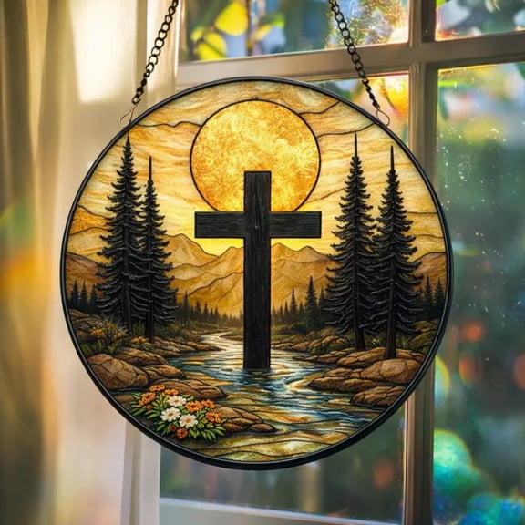 Christian Cross Mountain Glass Suncatcher v12, Nature Landscape Art, Religious Home Decor, 6.3 in