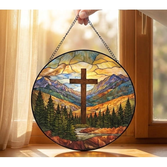 Christian Cross Mountain Suncatcher, Glass Cross Window Hanging, Faith Art v2, 3.5 in