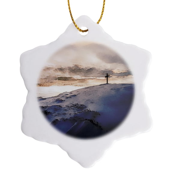 3drose, Christian Cross on Mountain - Snow Covered Mountain Range and Cross, 3 inch Snowflake Porcelain Ornament