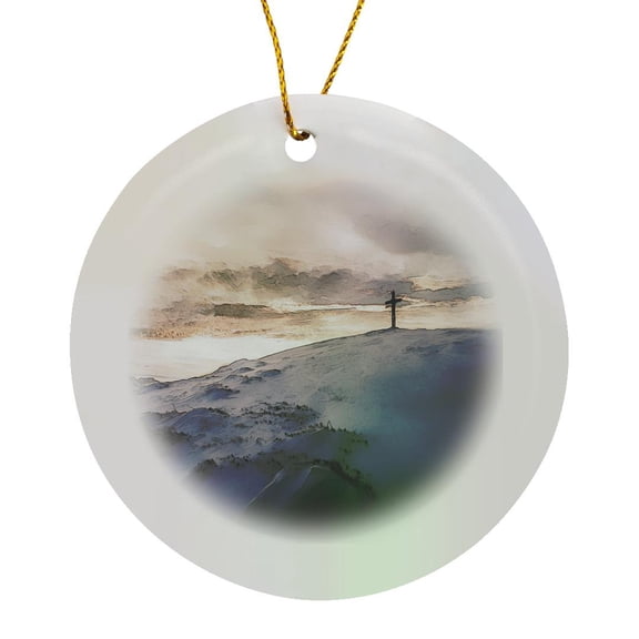 3drose, Christian Cross on Mountain - Snow Covered Mountain Range and Cross, Circle Porcelain Ornament