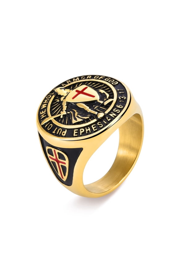 Christian Cross Pattern Men's gold color Templar Knight Crusader Knight Ring Accessories Party 14K Yellow Gold Jewelry Gift