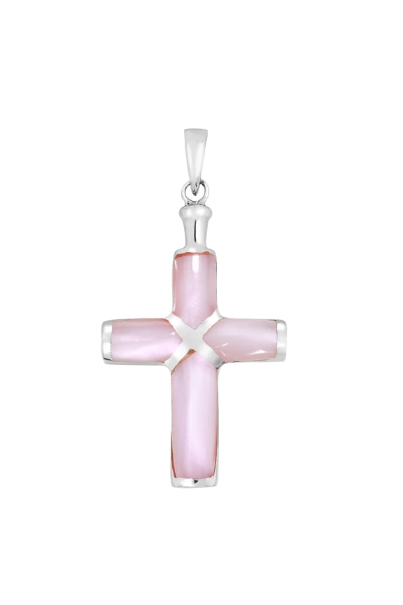 Christian Cross Pink Mother of Pearl Inlay .925 Silver Pendant