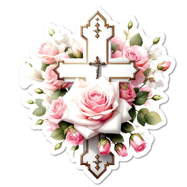 Christian Cross Pink Roses Sticker, Water Resistant, Laptop, Water ...