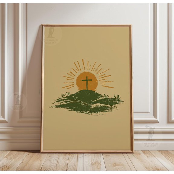 Christian Cross Poster Sunrise Faith Wall Art Religious Landscape, Unframed Poster