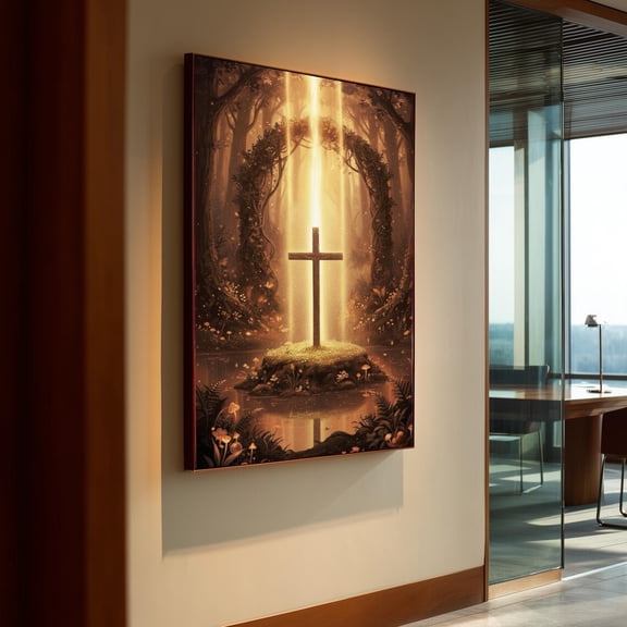 Christian Cross Print Wall Art Glowing Wooden In Forest Spiritual Jesus Faith Decor Religious Home, Unframed Canvas 8x10in